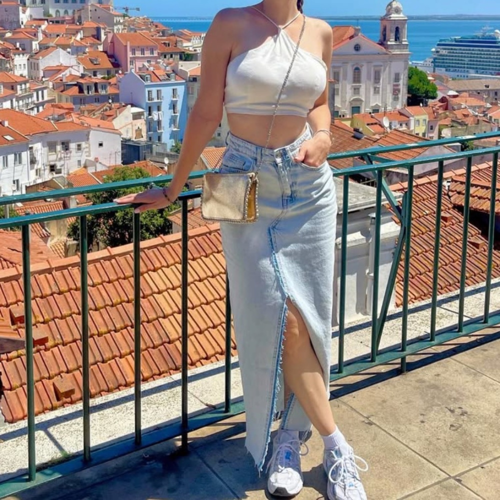 ZARA front slit washed denim skirt
